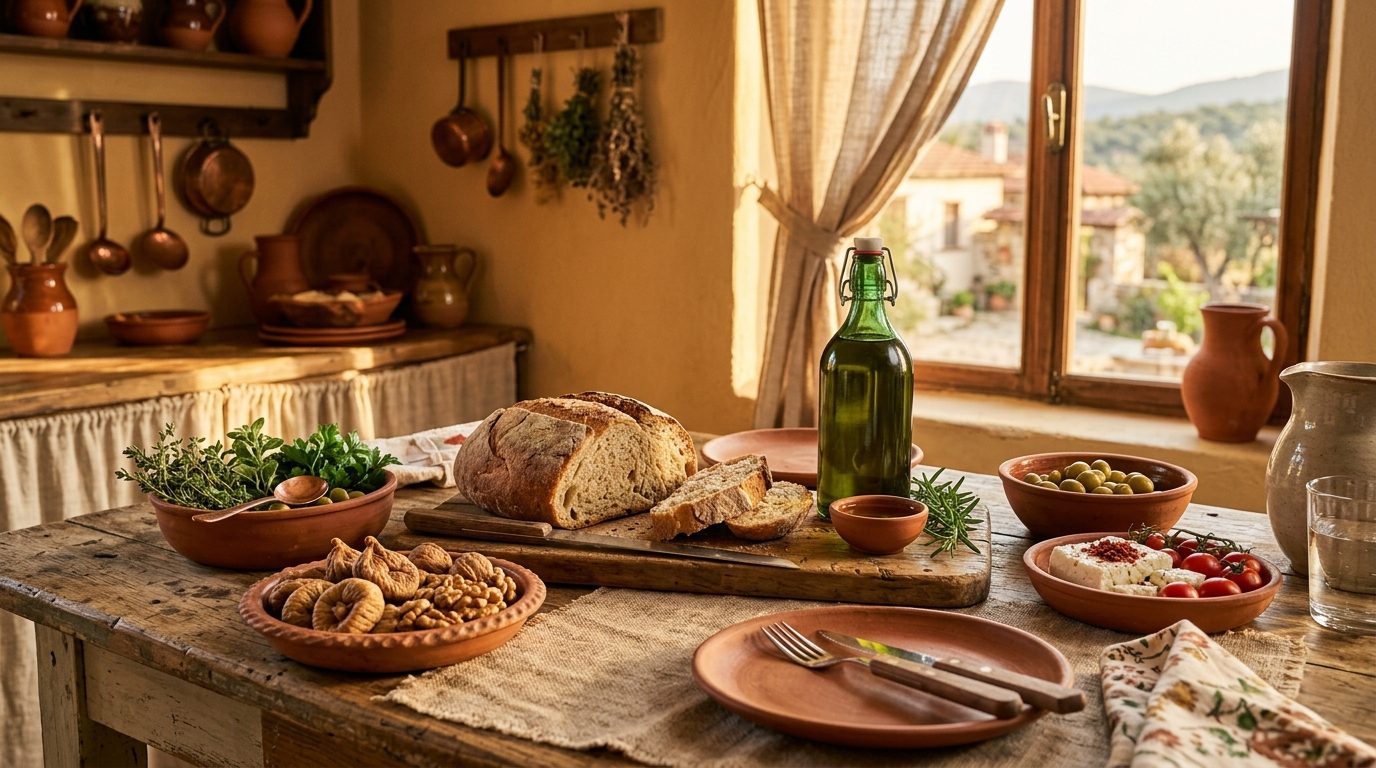Rustic Turkish kitchen table with handmade bread, ceramics and fresh herbs